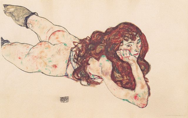 Mulher nua deitada de bruços - Egon Shiele 