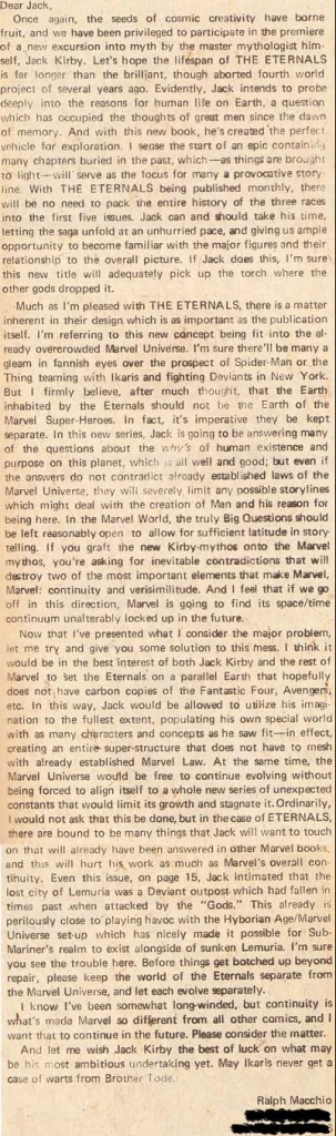 Carta de Ralph Macchio publicada em The Eternals n. 3 [1976]