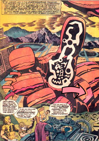 Detalhe do splash-page duplo das páginas 2 e 3 de The Eternals n. 3 [Jack Kirby, John Verpooten e Glynis Wein, 1976]