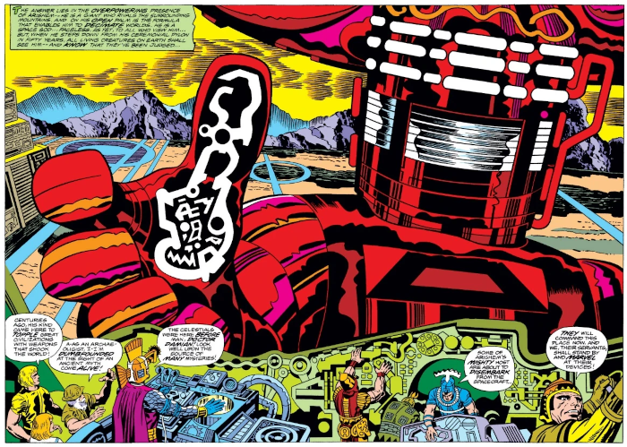 Splash-page duplo das páginas 2 e 3 de The Eternals n. 3 [Jack Kirby, John Verpooten e Glynis Wein, 1976], colorido digitalmente