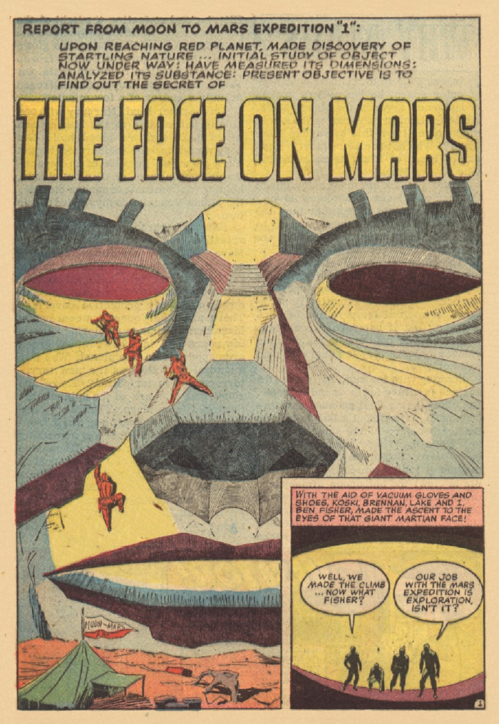 Página título de "Face on Mars",  Race For The Moon n. 2 [1958]
Jack Kirby [arte original] e Al Williamson [arte-final]
