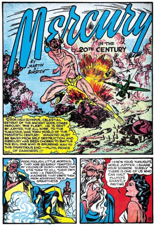 Página título da história "Mercury in the 20th Century", publicada na Red Raven Comics n. 1 [1941], de Jack Kirby [sob pseudônimo]
