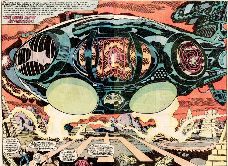 Splash-page duplo das páginas 2 e 3 de The Eternals n. 2 [1976]
Jack Kirby [arte original], John Verpoorten [arte-final] e Glynis Wein [cores]