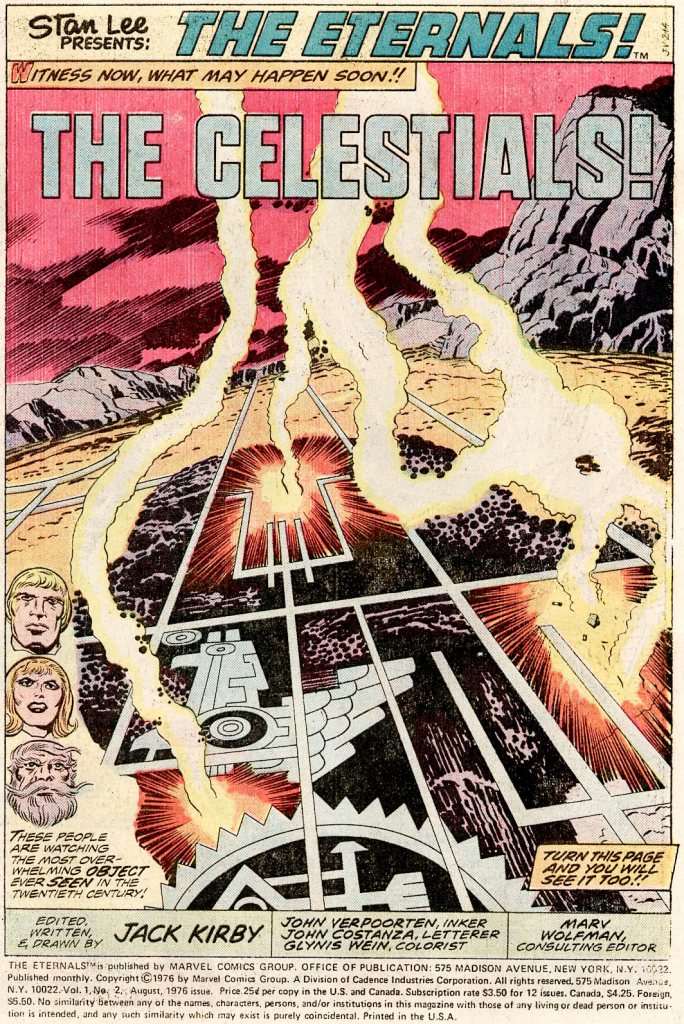 Versão publicada da página título de The Eternals n. 2 [1976], de Jack Kirby [arte original], John Verpoorten [arte-final] e Glynis Wein [cores]
